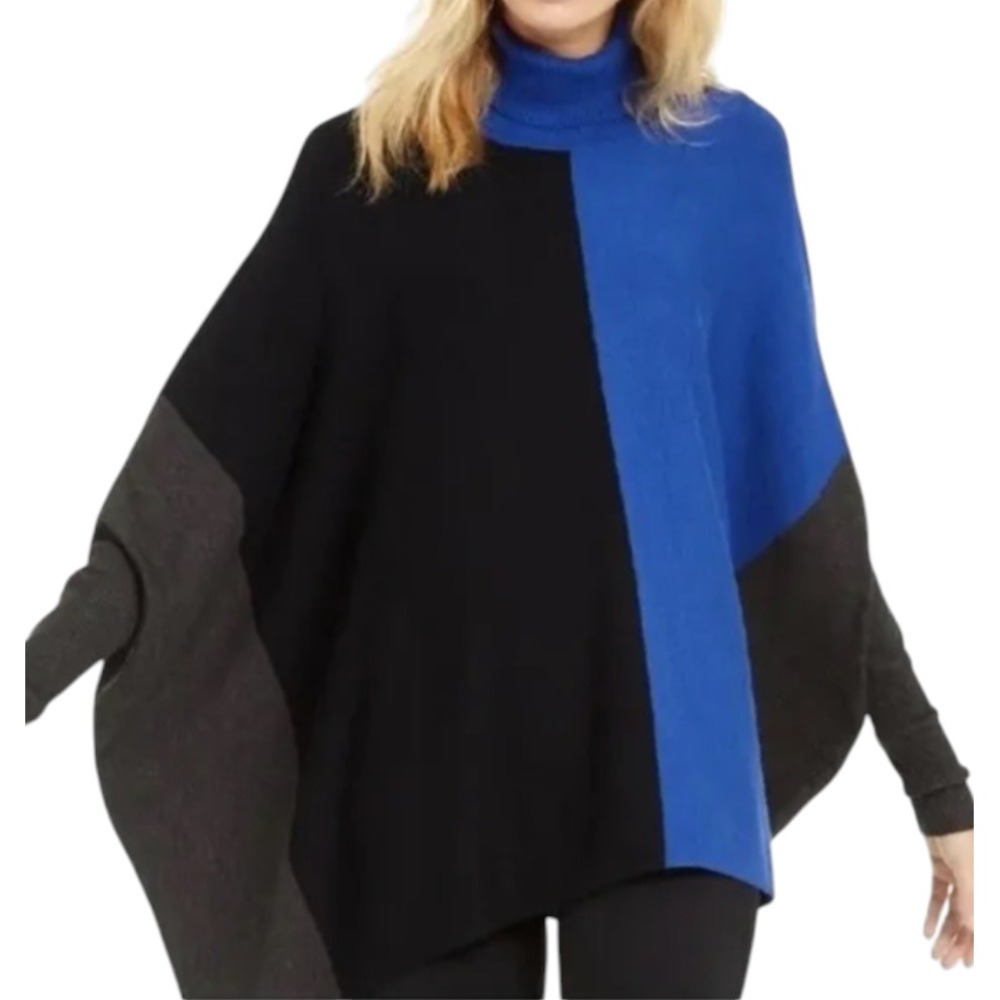 ALFANI Colorblock Blue SWEATER PONCHO Long Sleeve OVERSIZED sz XL (Fits 1X/2X)